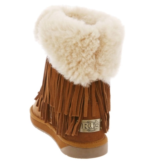Women Tan Leather Shearling Fringe Boots SZ 8 - Picture 8 of 9